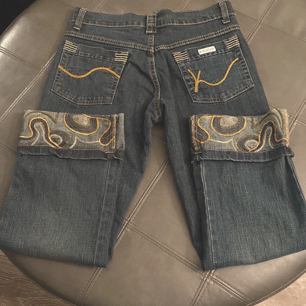 K/R/A/U/S  Blue Jean  Cropped Wide Rolled Up Decorative Stitching Size 2